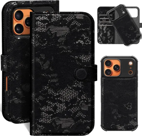 Vista 10 de Funda de cuero compatible con iPhone 16 Pro Max Cartera 6.9", cuero genuino 2 en 1, magnética, desmontable, a prueba de golpes, funda tipo folio