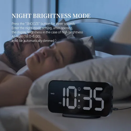 Vista 7 de Reloj despertador digital para dormitorio, superficie de espejo LED de 6.7 pulgadas con 2 puertos de carga USB, brillo ajustable, alarma doble