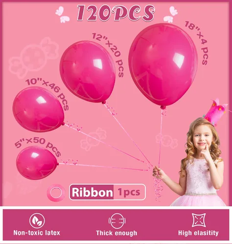 Vista 2 de Ponamfo Kit de arco de globos rosados – 120 piezas de 18 + 12 + 10 + 5 pulgadas, kit de guirnalda de globos rosa intenso de diferentes tamaños como