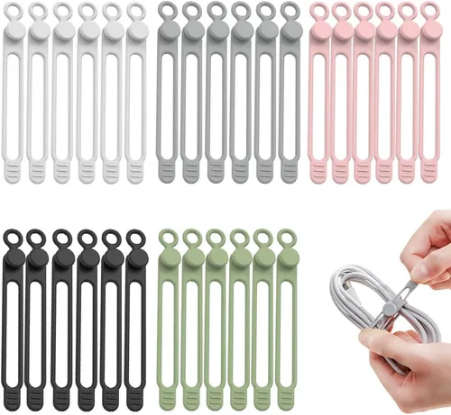 Vista 7 de Organizador de cables de datos, actualización 2025, bridas de cable reutilizables, bridas de cable de silicona multiusos, organizador de gestión