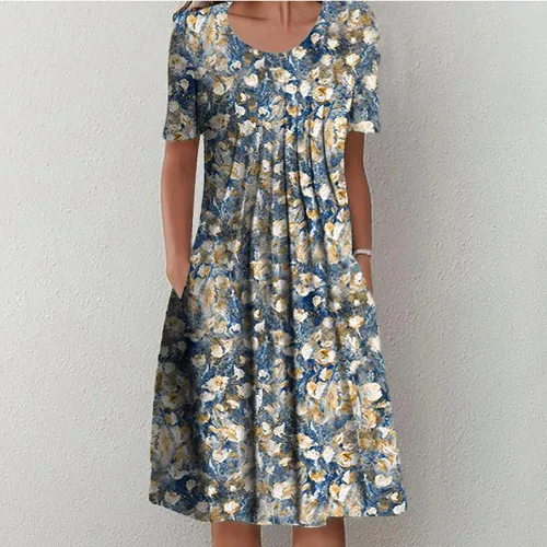 Vista 2 de Vestido de manga corta con cuello redondo y estampado floral para mujer, con bolsillos, casual, holgado, para invitadas