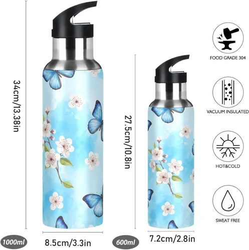 Vista 2 de Blue Butterflies Cherry Blossoms Insulated Water Bottle 32 Oz Leakproof Water Bottles, BPA-Free Sports Water Bottle