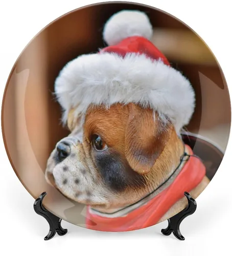Vista 16 de Platos decorativos de Navidad para exhibición, Bulldog con sombrero de Papá Noel, divertidos platos de pared de cerámica de animales, platos