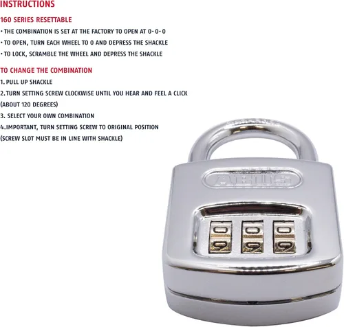 Vista 4 de Abus 160/40 C 160 Candado de combinación para todo clima, cromado, con 3 diales