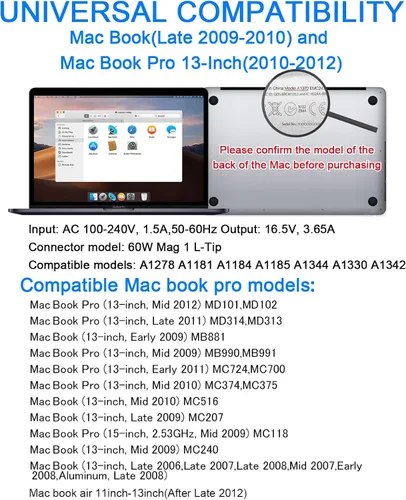 Vista 2 de Cargador Mac Book Pro, adaptador de corriente de 60 W, conector magnético con punta en L, cargador compatible con Pro de 13 pulgadas antes