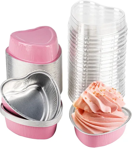 Vista 9 de Juego de 15 moldes para pasteles en forma de corazón con tapas, mini recipientes desechables de papel de aluminio para cupcakes de 22.7 onzas