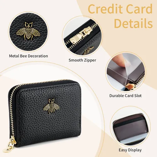 Vista 4 de WOZEAH Tarjetero de cuero para mujer, cartera con bloqueo RFID, con cremallera, tarjetero, para negocios, Negro, Sólido