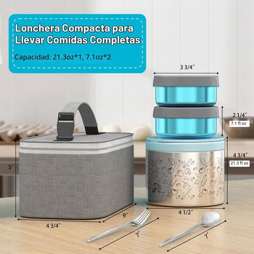Vista 5 de Lille Home - Juego de loncheras portátiles aisladas con cubiertos de acero inoxidable, lonchera con aislamiento al vacío, para mantener la comida