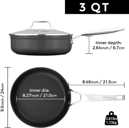 Vista 2 de MsMk Sartén antiadherente de 3.0 cuartos de galón con tapa, sartén antiadherente de titanio y cerámica de 9.5 pulgadas con tapa, mango que se