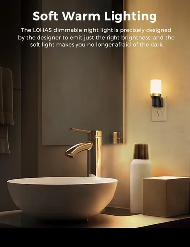 Vista 2 de L LOHAS LED Luces nocturnas enchufables a la pared, luz nocturna regulable con sensor de encendido/apagado automático, blanco cálido de 3000 K