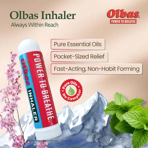 Vista 2 de Olbas Inhalador de aromaterapia, inhalador de aceite esencial con aceites naturales, 1 paquete de 285 mg, inhalador nasal de tamaño bolsillo