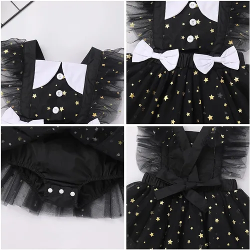 Vista 4 de Traje de bebé recién nacida para el primer cumpleaños, vestido de príncipes, diadema de encaje, volantes, estrellas brillantes, para sesión de fotos