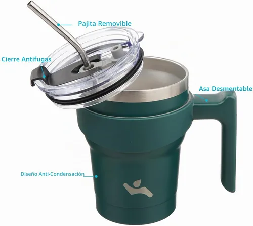 Vista 2 de Konokyo - Vaso de 10 onzas con asa y 2 popotes, 2 tapas, botella de agua aislada de acero inoxidable, taza de viaje reutilizable, color verde militar
