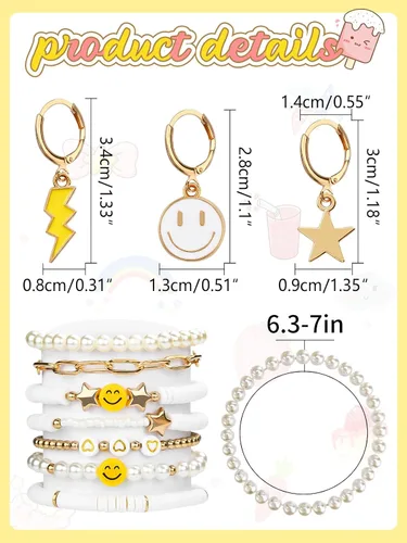 Vista 23 de Preppy Heishi - Juego de pulseras de surfista para niñas adolescentes, bonitos aretes estéticos, anillos estéticos preppy coloridos de oro blanco