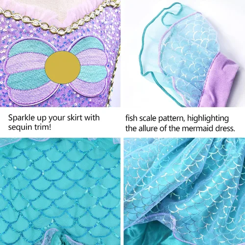 Vista 2 de Vestido de sirena para niñas, disfraz de sirena con accesorios para niñas de 2 a 9 años