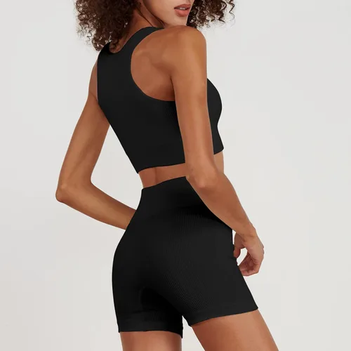 Vista 3 de Trajes de entrenamiento para mujer, 2 piezas, sin costuras, con un hombro, sexy, brasier de cintura alta, pantalones cortos de yoga para correr
