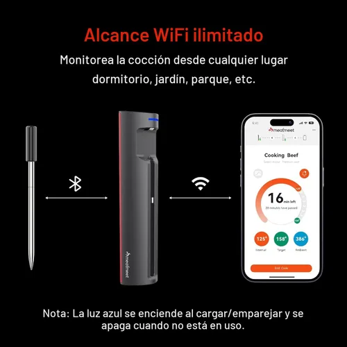Vista 3 de Termómetro digital inalámbrico para carne con monitoreo remoto de aplicaciones ±0.9℉ Accuracy Bluetooth Meat Thermometer, Wi-Fi Unlimited Range