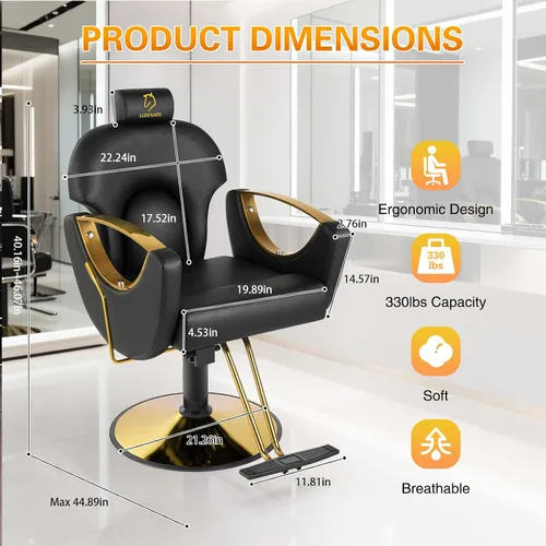 Vista 3 de Silla de peluquería hidráulica, sillas de salón Silla giratoria de 360 grados, altura ajustable para estilista de peluquería de salón de tatuajes