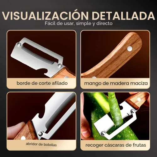 Vista 3 de Pelador de verduras multifuncional, hoja de acero inoxidable con mango de madera para frutas y verduras (1 unidad)