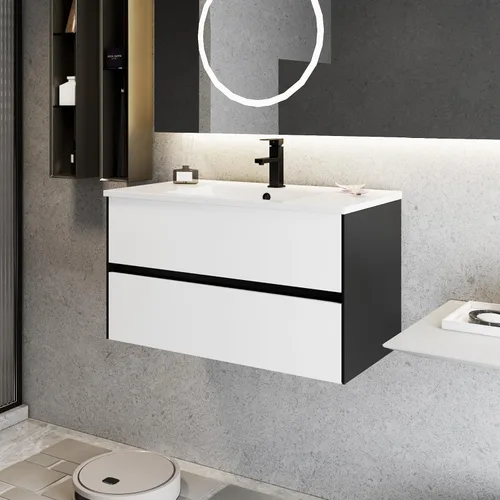 Vista 10 de eclife Armario de tocador de baño de 24 pulgadas con fregadero blanco empotrado, armario de baño flotante montado en la pared con colores mezclados