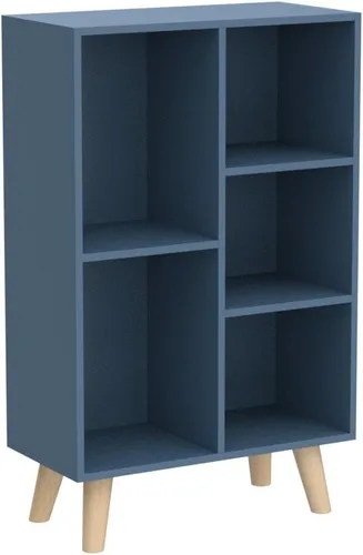 Vista 5 de IOTXY - Estantería de madera con espacios abiertos, 3 niveles, con patas, 5 cubos, color azul brillante Nordic Minimalist Style, MDF