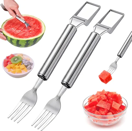 Vista 7 de Cortador de frutas de acero inoxidable 2 en 1, herramienta de corte de tenedor de sandía 2026, herramienta de corte de sandía de verano, herramienta