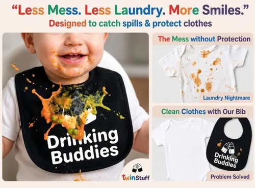 Vista 5 de 100% Cotton Drinking Buddies Twin Bibs Cute & Practical Unisex Bibs for Twins with Waterproof, Durable, for Everyday Use