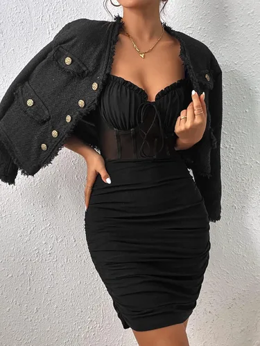 Vista 6 de WDIRARA Vestido de malla en contraste para mujer, con tirantes ajustables y fruncidos, mini vestidos de fiesta