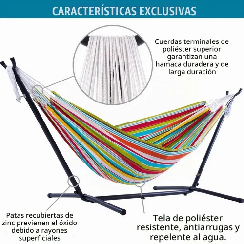 Vista 5 de Hamaca doble Vivere con soporte de acero para ahorrar espacio, poliéster Caio