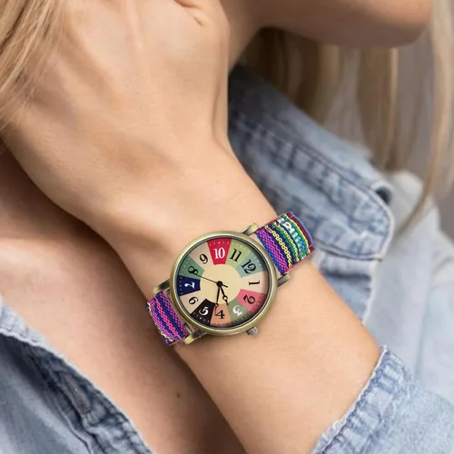 Vista 5 de Relojes para mujer - Boho Hippie para mujer, reloj arcoíris tejido de piel sintética