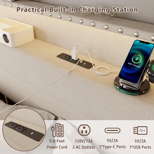 Vista 6 de Forestell Base de cama Queen con 4 cajones y cabecera de almacenamiento, base de cama tapizada tamaño Queen con luces LED y estación de carga Beige