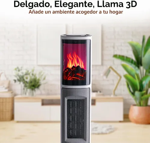 Vista 9 de Comfort Zone Calentador de espacio de torre de 25 pulgadas con efecto de llama 3D, 1500 W/1000 W, temporizador de 8 horas, oscilación de 75°