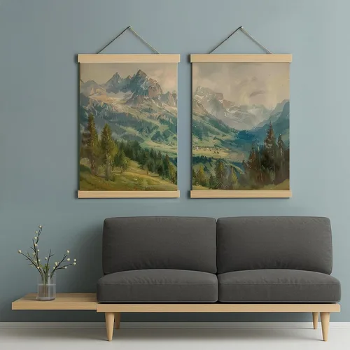 Vista 2 de bitCNY Juego de 2 lienzos de paisaje de montaña, 12 x 16 pulgadas, impresiones en lienzo vintage de bosque alpino, pósteres de pintura natural sin