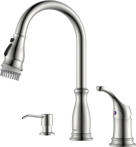 Vista 11 de APPASO - Grifo de cocina de 3 agujeros con mango lateral separado, color dorado cepillado Single Handle High Arc Kitchen Faucets with 3-Mode Pull