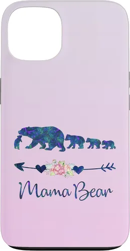 Vista 7 de Funda para iPhone 16, diseño floral de mamá oso de cuatro cachorros, color verde azulado y morado
