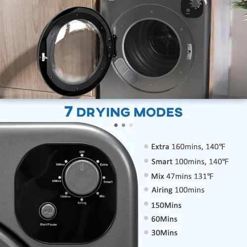 Vista 10 de HOMCOM - Secadora de ropa portátil, secadora de ropa compacta de 120V 1300W con secado inteligente, tambor de acero inoxidable de 3.2 pies cúbicos