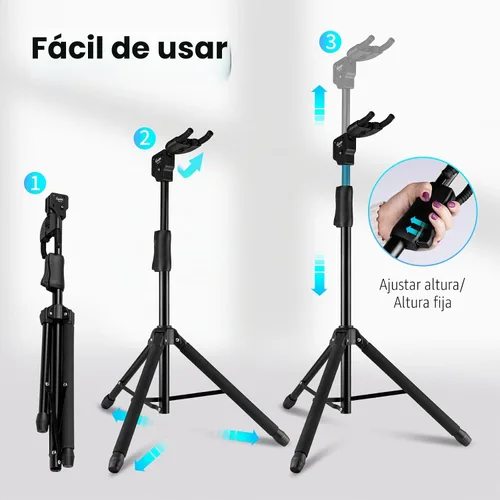 Vista 4 de GUITTO Soporte para guitarra - Bloqueo automático resistente, ajustable y plegable para acústica/eléctrica/bajo (capacidad de 15 kg), base