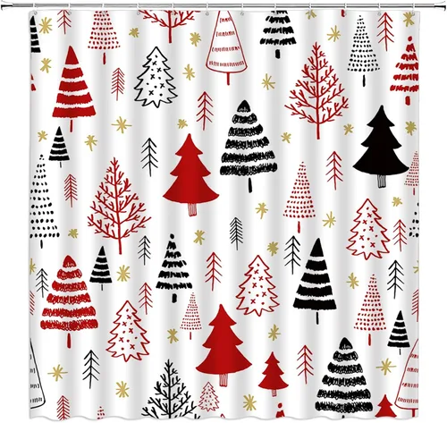 Vista 13 de GCTNBJL Cortina de ducha navideña para RV, diseño de árbol de pino, copo de nieve, estrella, bosque, vacaciones de invierno, naturaleza rústica