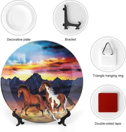 Vista 3 de XISUNYA Plato decorativo de porcelana redonda occidental de 6 pulgadas, diseño de caballos salvajes corriendo al atardecer, paisaje rústico, adorno