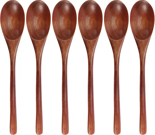 Vista 8 de Cucharas de madera coreanas de 9 pulgadas para comer, 6 cucharas pequeñas Marrón