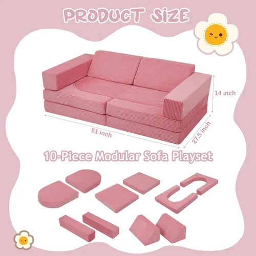 Vista 2 de MeMoreCool Juego de Sofá Modular Infantil de 10 Piezas — Juego de Sofá de Espuma Convertible de Corduroy para Construir Fortalezas, Relajarse
