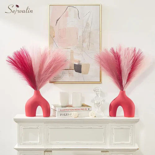 Vista 8 de Serwalin Decoración de zacate de las pampas rosa intenso, rosa rubor y rosa, 17.7 pulgadas 6 piezas de zacate de las pampas sintético, zacate A Abby