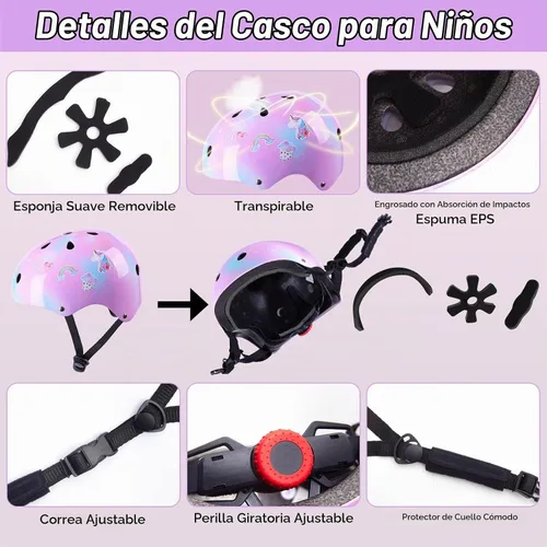 Vista 5 de Casco para niños, casco de bicicleta para niños pequeños con pegatinas DIY Unicornio, rodilleras y coderas ajustables, juego de protección para Rosa