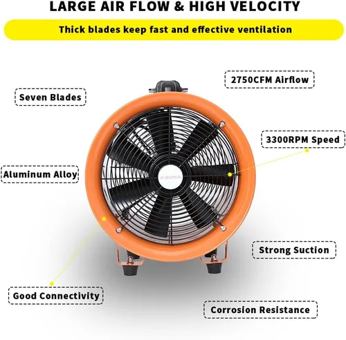 Vista 2 de Soplador utilitario de 8 pulgadas, ventilador de alta velocidad con manguera de conducto, ventilador portátil de bajo ruido, extractor de humos