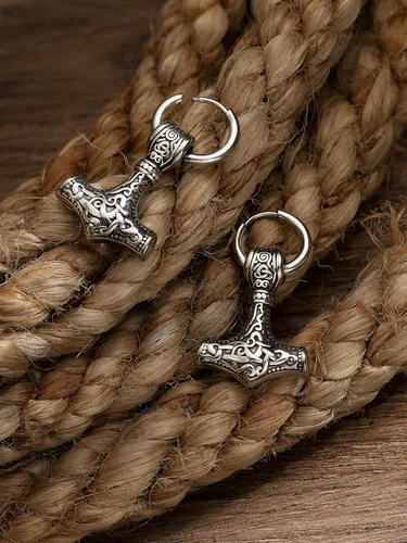 Vista 4 de HAQUIL Viking Jewelry - Amuleto vikingo con diseño de hacha de lobo y runa Mjolnir, aretes colgantes para hombres y mujeres