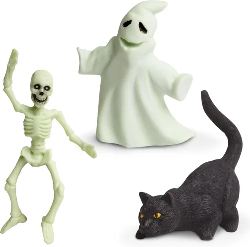 Vista 3 de Safari Ltd. Toob de Halloween que brilla en la oscuridad – Mini figuras: murciélago, gato, esqueleto, fantasma, bruja, caldero, araña, calabaza