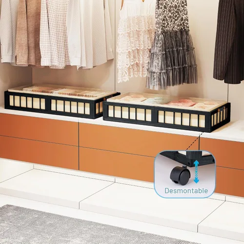 Vista 4 de efluky Paquete de 2 contenedores de almacenamiento de bambú debajo de la cama con ruedas, cesta de almacenamiento de ropa debajo de la cama con Negro