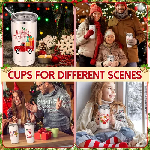 Vista 4 de 12 Piezas Vasos Navideños de Regalo 20oz Vaso de Viaje Navideño Taza Navideña de Acero Inoxidable Aislado Taza de Café con Tapa y Pajita para Regalo
