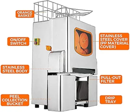 Vista 6 de Máquina exprimidora eléctrica de jugo de cítricos, fabricante comercial de jugo de naranja fresco para uso en tiendas, bares, restaurantes, pelado