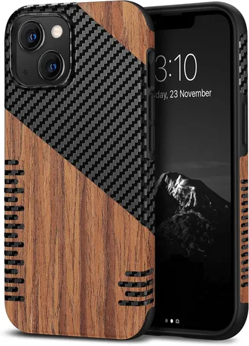 Vista 12 de TENDLIN Compatible con iPhone 13 mini - Funda de grano de madera con textura de fibra de carbono, funda híbrida de cuero compatible con iPhone 13